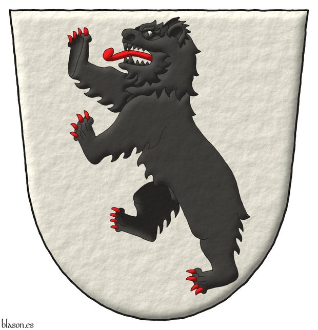 Argent, a bear rampant Sable, langued and armed Gules.
