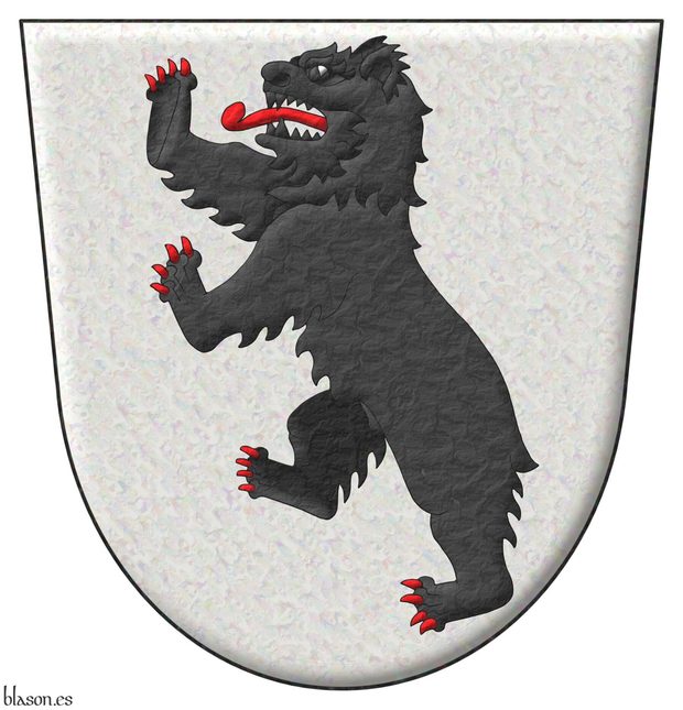 Escudo de plata, un oso rampante de sable, lampasado y armado de Gules.