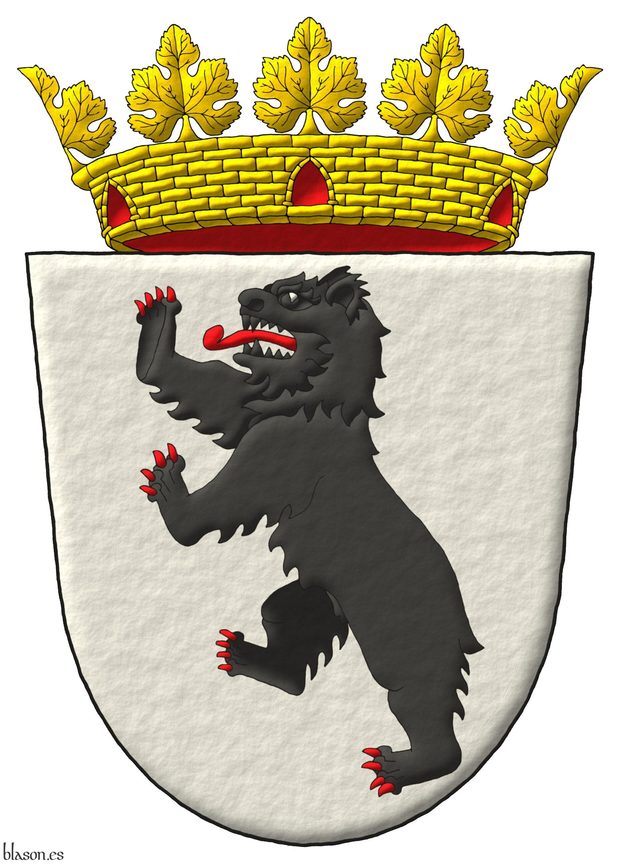 Argent, a bear rampant Sable, langued and armed Gules. Crest: A mural crown with eight vine leaves, five visible, Or.