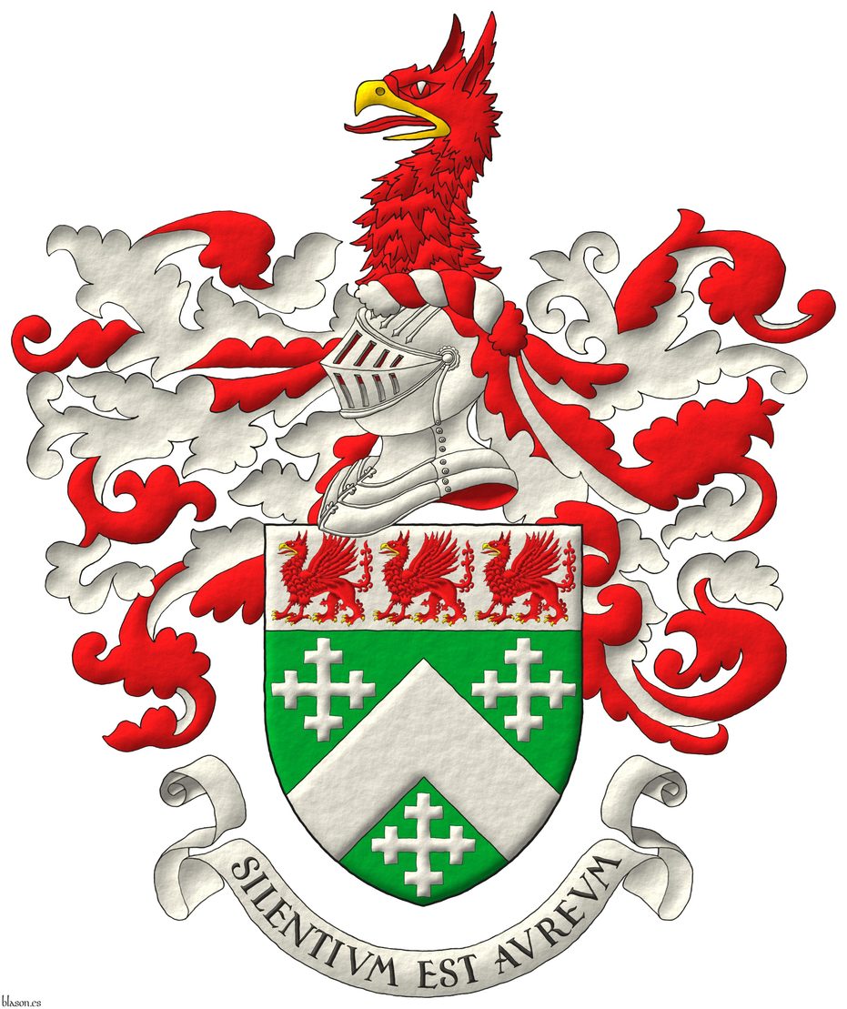 Vert, a chevron, between three cross-crosslets; on a chief Argent, three griffins statant Gules, beaked and armed Or. Crest: Upon a helm, with a wreath Argent and Gules, a griffin's head couped Gules, beaked Or. Mantling: Gules doubled Argent. Motto: Silentium est aureum.