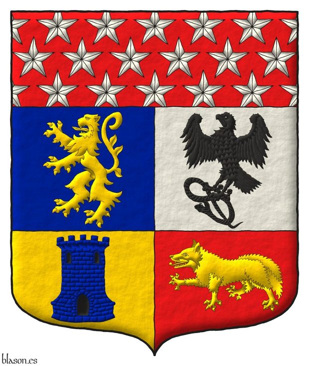 Escudo cuartelado: 1o de azur, un len rampante de oro; 2o de plata, un halcn azorado, teniendo en sus garras una sierpe ambos de sable; 3o de oro, una torre de azur, aclarada y mazonada de sable; 4o de gules, un zorro pasante de oro; un jefe de gules sembrado de estrellas de cinco puntas de plata.