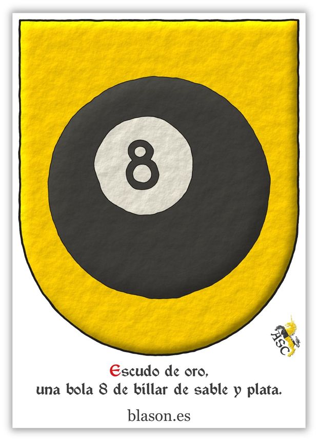 Escudo de oro, una bola 8 de billar al natural.