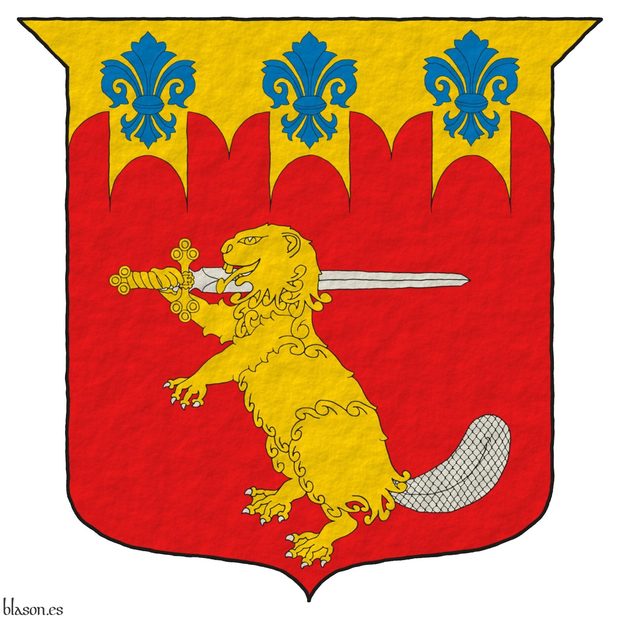 Gules, a beaver erect Or, armed and tailed Argent, bearing on his dexter shoulder a sword Argent, hilted Or; on a chief embattled of Renaissance crenellations Or three fleurs de lis Azure.