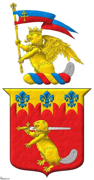 Escudo de gules, un castor erguido de oro, armado y el rabo de plata, teniendo sobre su hombro diestro una espada de plata, guarnecida de oro; en un jefe almenado gibelino de oro tres flores de lis de azur. Timbrado de un burelete de oro, azur y gules, y cimado de un castor naciente, coronado y alado de oro, armado y el rabo de plata, teniendo entre sus patas un gallardetn cortado de azur y gules, cargado de una cruz doble, patada y fijada de oro.
