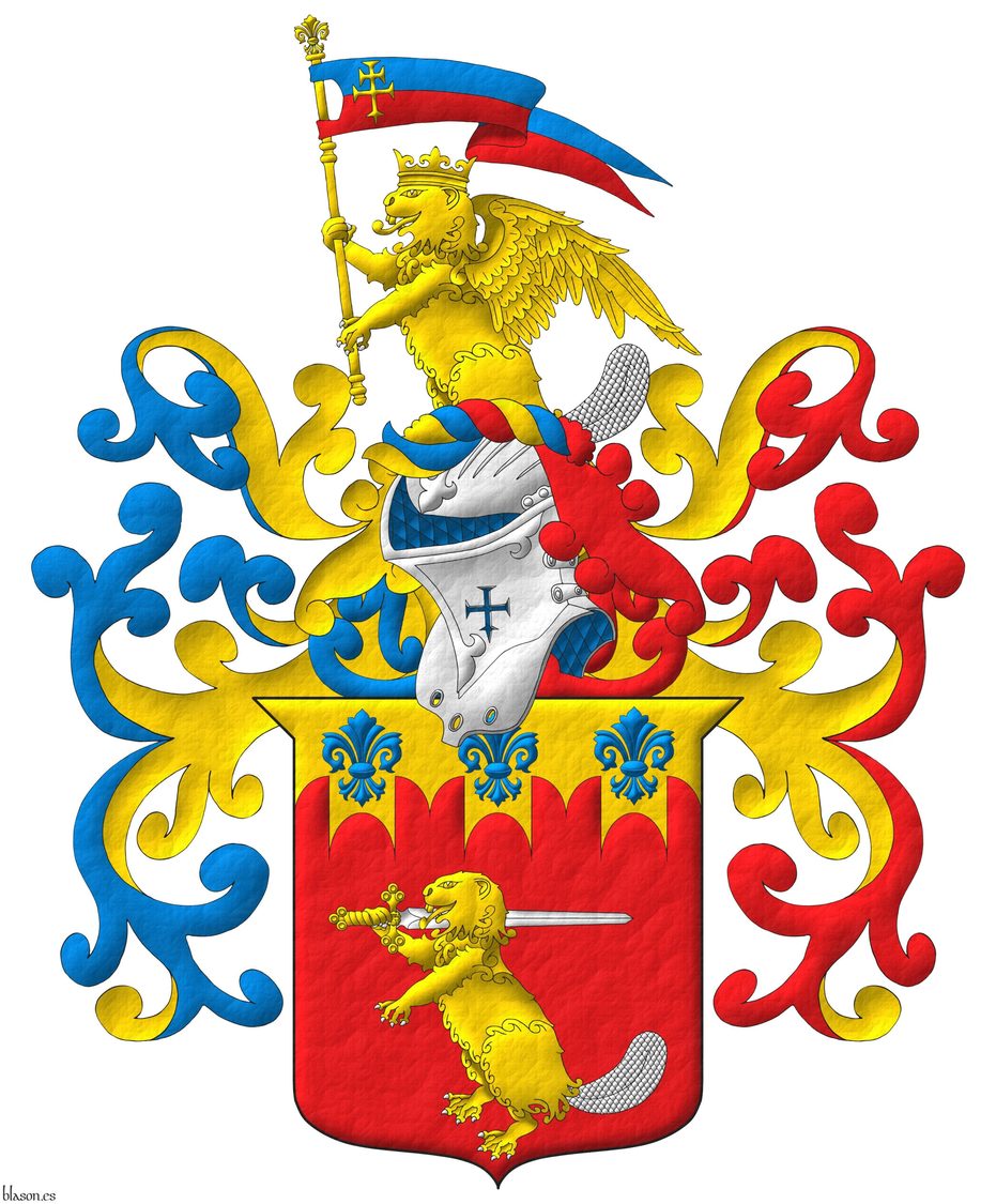 Escudo de gules, un castor erguido de oro, armado y el rabo de plata, teniendo sobre su hombro diestro una espada de plata, guarnecida de oro; en un jefe almenado gibelino de oro tres flores de lis de azur. Timbrado de un yelmo adornado de dos lambrequines de azur doblado de oro a la diestra y de gules doblado de oro a la siniestra, un burelete de oro, azur y gules, y cimado de un castor naciente, coronado y alado de oro, armado y el rabo de plata, teniendo entre sus patas un gallardetn cortado de azur y gules, cargado de una cruz doble, patada y fijada de oro.