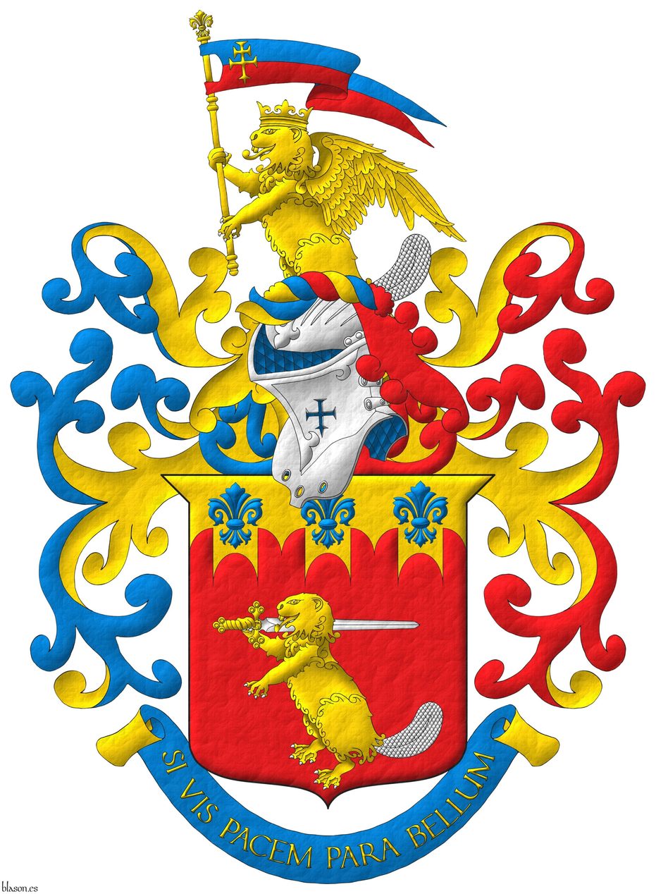 Escudo de gules, un castor erguido de oro, armado y el rabo de plata, teniendo sobre su hombro diestro una espada de plata, guarnecida de oro; en un jefe almenado gibelino de oro tres flores de lis de azur. Timbrado de un yelmo adornado de dos lambrequines de azur doblado de oro a la diestra y de gules doblado de oro a la siniestra, un burelete de oro, azur y gules, y cimado de un castor naciente, coronado y alado de oro, armado y el rabo de plata, teniendo entre sus patas un gallardetn cortado de azur y gules, cargado de una cruz doble, patada y fijada de oro. Lema: Si vis pacem para bellum de oro sobre una filacteria de azur doblada de oro.