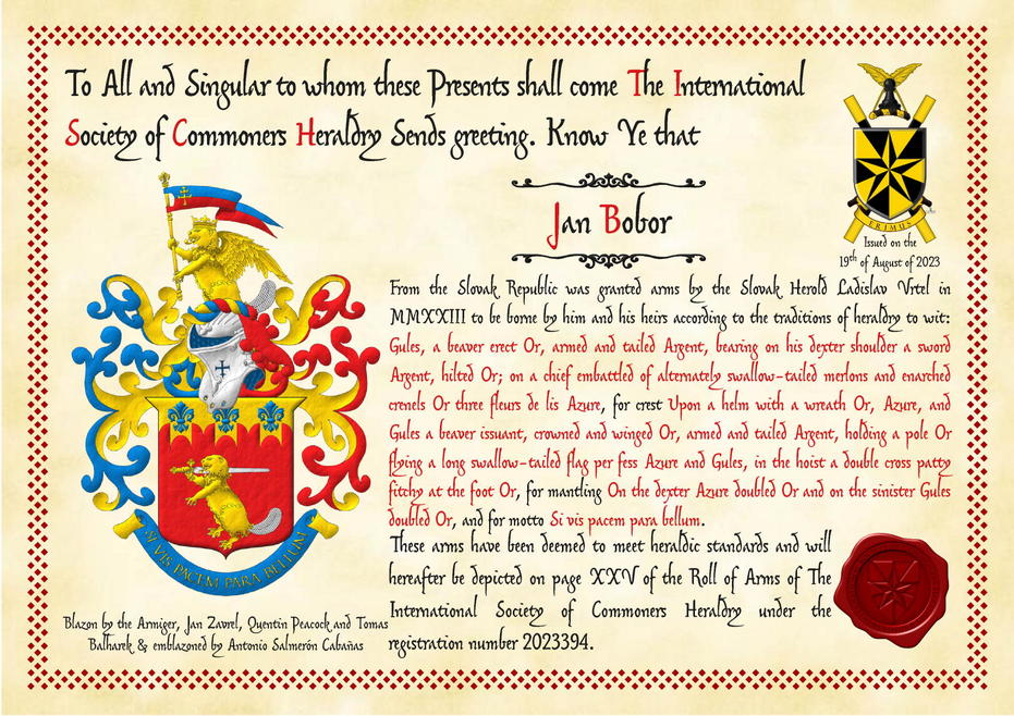 Gules, a beaver erect Or, armed and tailed Argent, bearing on his dexter shoulder a sword Argent, hilted Or; on a chief embattled of Renaissance crenellations Or three fleurs de lis Azure. Crest: Upon a helm with a wreath Or, Azure, and Gules a beaver issuant, crowned and winged Or, armed and tailed Argent, holding a pole Or flying a long swallow-tailed flag per fess Azure and Gules, overall a double cross patty fitchy Or. Mantling: On the dexter Azure doubled Or and on the sinister Gules doubled Or. Behind the shield: A cross of St. Barachiel Or. Motto: Si vis pacem para bellum Or over a scroll Azure doubled Or.