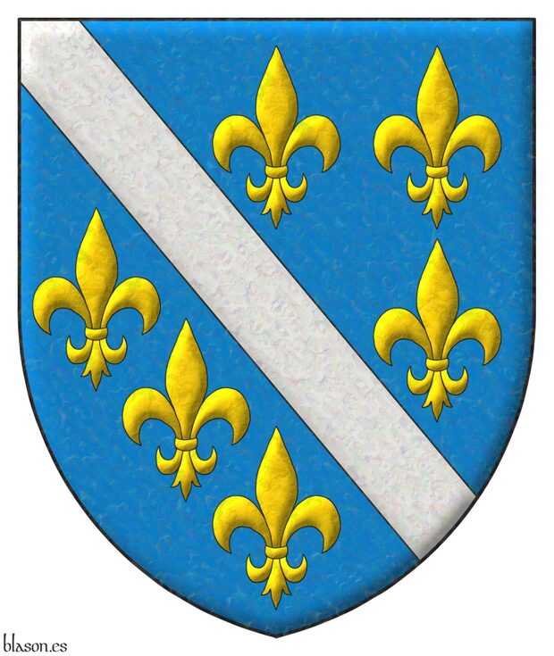 Azure, a bendlet Argent between six fleurs de lis Or.