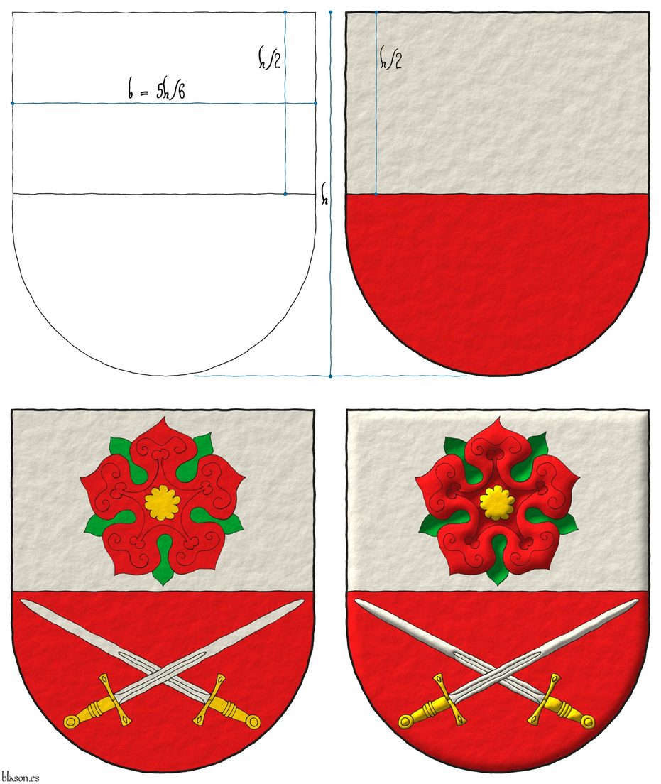 Party per fess: 1 Argent, a rose Gules, barbed and seeded proper; 2 Gules, two swords in saltire Argent, hilted Or.