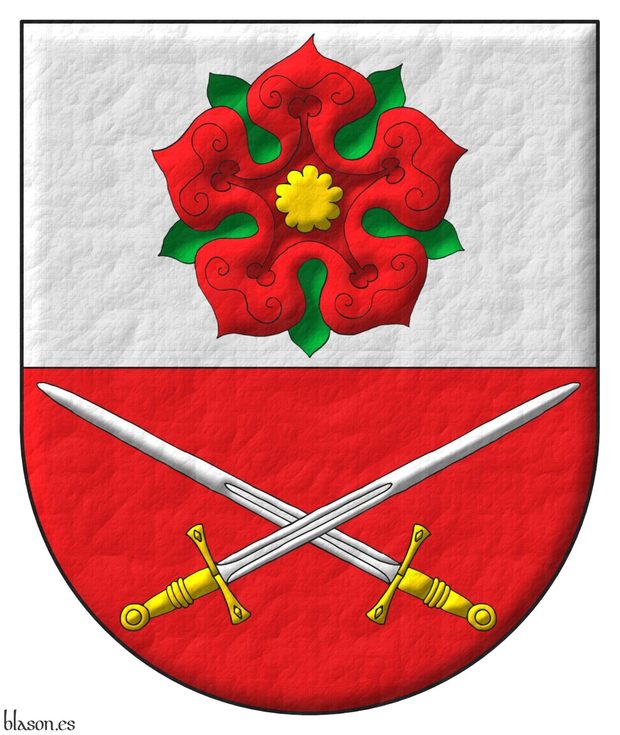 Party per fess: 1 Argent, a rose Gules, barbed and seeded proper; 2 Gules, two swords in saltire Argent, hilted Or.