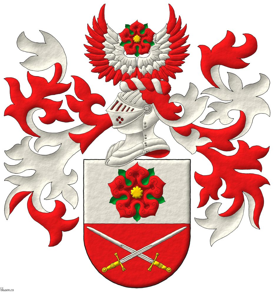 Escudo cortado: 1o de plata, una rosa de gules, hojada de sinople, botonada de oro; 2o de gules, dos espadas en sotuer de plata, guarnecidas de oro. Timbrado de un yelmo, adornado de dos lambrequines de gules doblados de plata, un burelete de plata y gules, cimado de un vuelo de gules, coberteras de plata, sumado de una rosa de gules, hojada de sinople, botonada de oro.