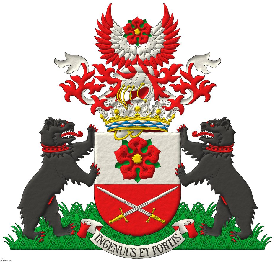 Escudo de armas con su timbre y 2 soportes