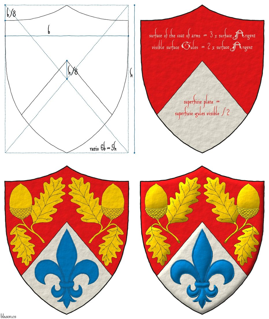 Escudo de gules, mantelado en punta de plata, en jefe dos bellotas talladas y hojadas de oro y en punta una flor de lis de azur.