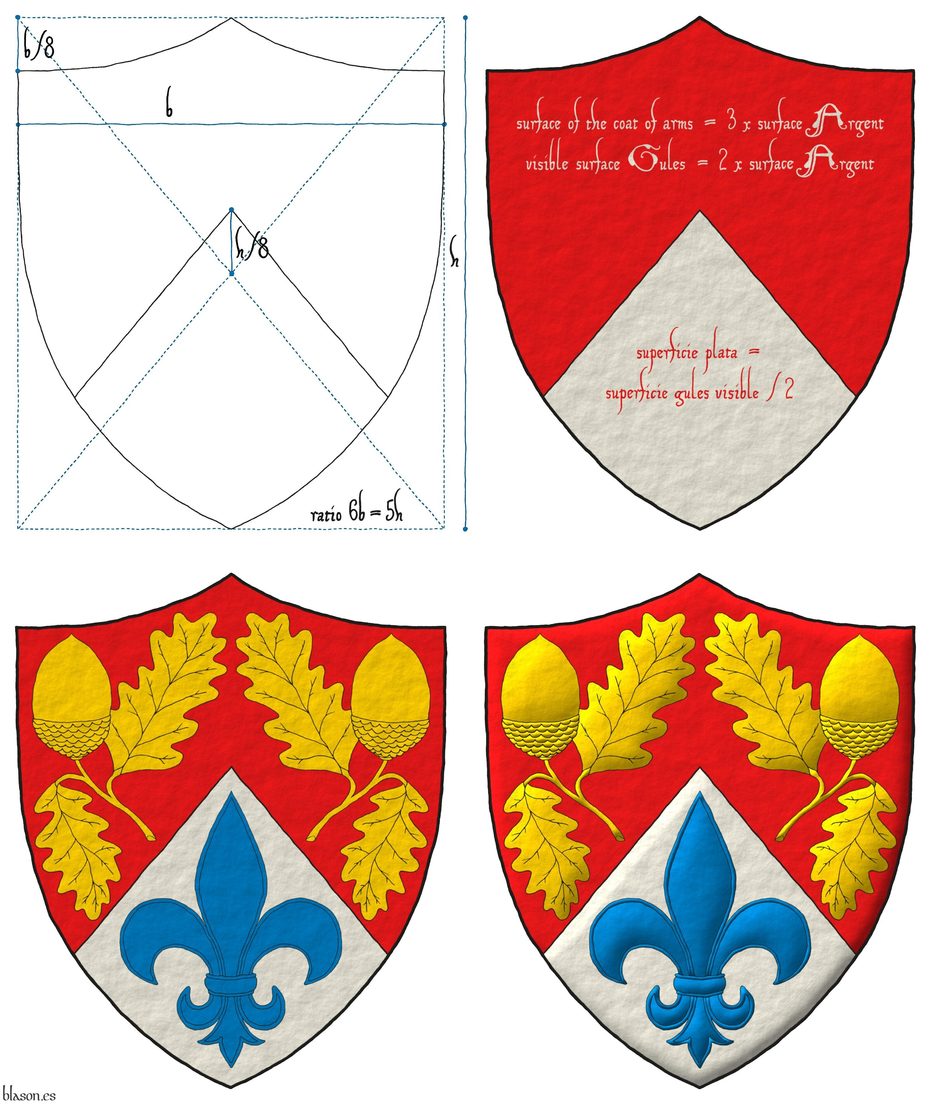 Party per chevron Gules and Argent, two Acorns slipped Or and in base a Fleur de lis Azure.