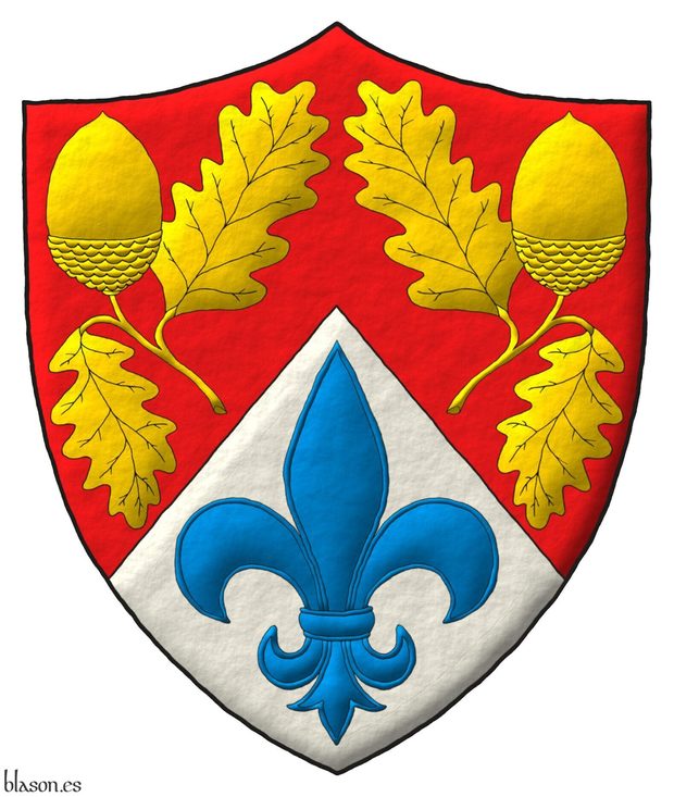 Party per chevron Gules and Argent, two Acorns slipped Or and in base a Fleur de lis Azure.