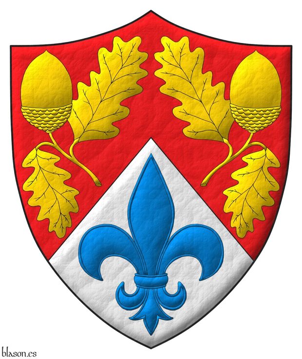 Party per chevron Gules and Argent, two acorns slipped Or and in base a fleur de lis Azure.