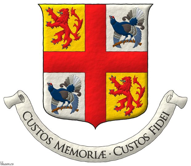 Escudo cuartelado de oro y plata; brochante sobre la partici�n, una cruz plena de gules cantonada: en 1o y 4o, de un le�n rampante de gules, armado y lampasado de azur; en 2o y 3o, de un gallo lira posado al natural. Lema: �Custos Memori� � Custos Fidei�.