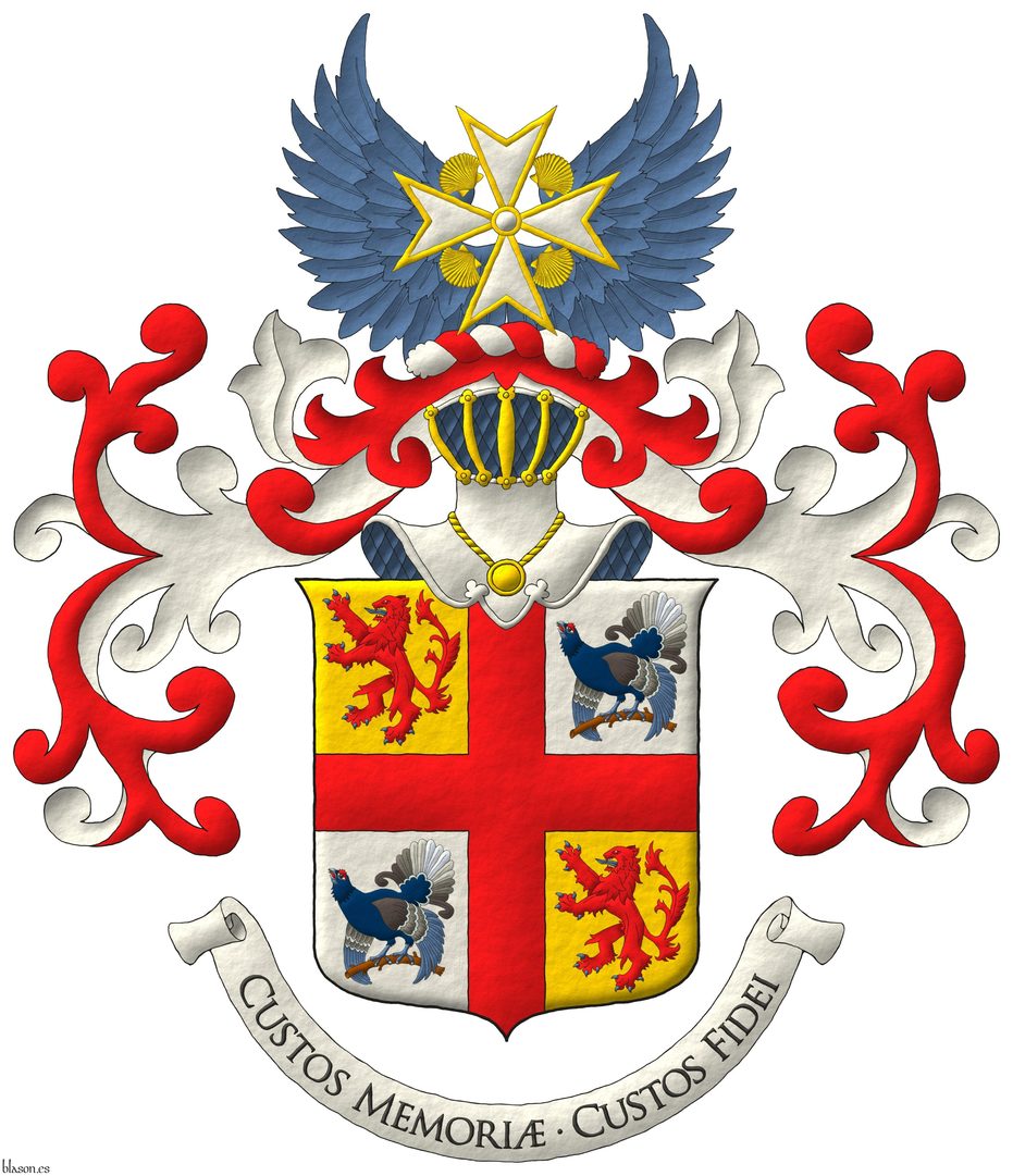Escudo cuartelado de oro y plata; brochante sobre la partici�n, una cruz plena de gules cantonada: en 1o y 4o, de un le�n rampante de gules, armado y lampasado de azur; en 2o y 3o, de un gallo lira posado al natural. Timbrado de un yelmo de frente, grilletado de oro, forrado de azur, adornado de dos lambrequines de gules doblados de plata, un burelete de plata y gules, cimado de un vuelo de azur resaltado de la cruz de la Orde van Sint Jacob. Lema: �Custos Memori� � Custos Fidei�.