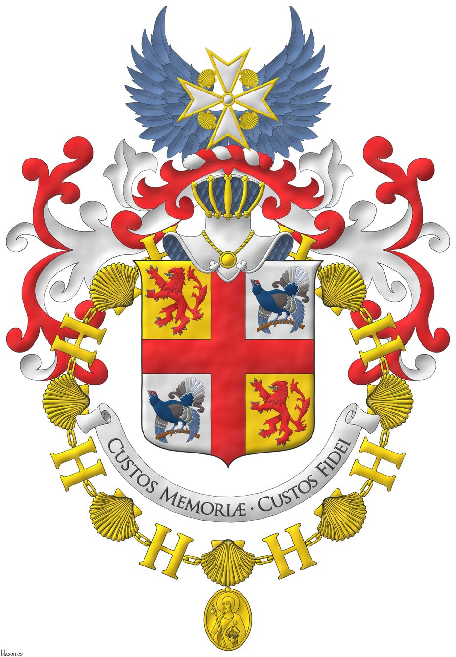 Quarterly Or and Argent, overall a cross Gules, cantoned by: in 1 and 4, a lion rampant Gules, armed and langued Azure; in 2 and 3, a black grouse perched proper. Crest: Upon a helm affronty, with visor bars Or, lined Azure, with a wreath Argent and Gules, two wings in vol Azure debruised by the cross of the Orde van Sint Jacob. Mantling: Gules doubled Argent. Motto: �Custos Memori� � Custos Fidei�. The shield is surrounded by the Grand Collar of the Orde van Sint Jacob.