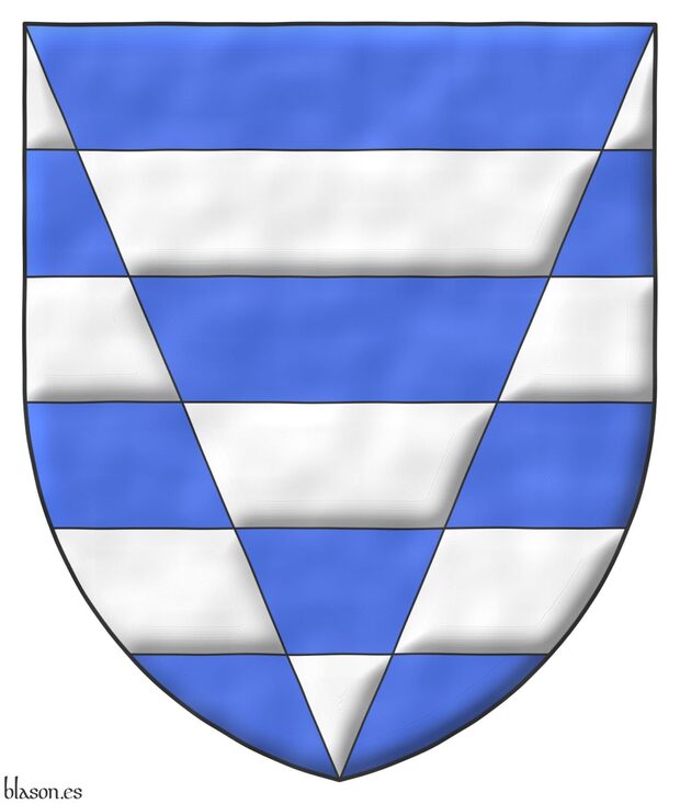Escudo calzado y fajado de plata y azur del uno al otro.