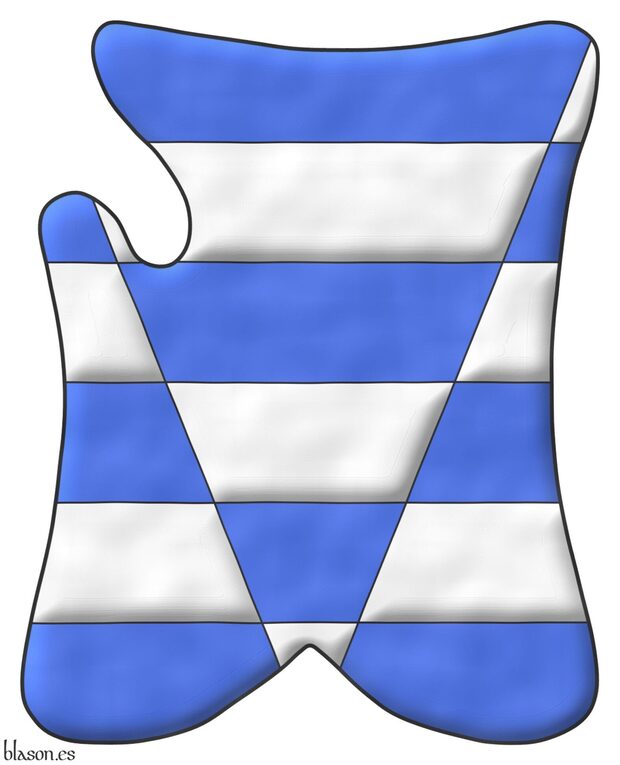 Barry of six, Argent and Azure, a pile throughout Throughout, counterchanged.
