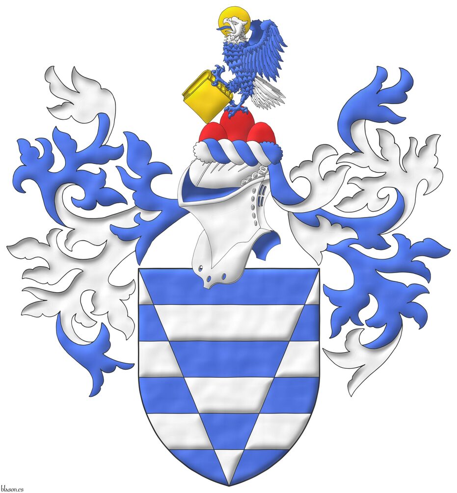 Escudo calzado y fajado de plata y azur del uno al otro. Timbrado de un yelmo adornado de dos lambrequines de azur doblados de plata, un burelete de plata y azur, cimado de un monte de tres peas de gules sumado de un guila alzando el vuelo de perfil de azur, cabeza y cola de plata, nimbada y teniendo un libro cerrado ambos de oro.