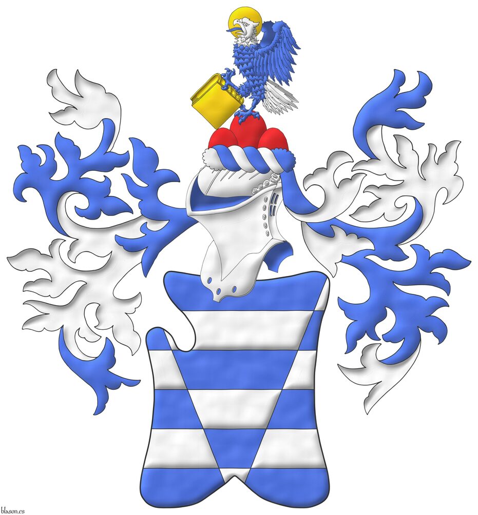 Barry of six, Argent and Azure, a pile throughout, counterchanged. Crest: Upon a helm with a wreath Argent and Azure, upon a trimount Gules, an eagle wings addorsed and inverted Azure, the head and tail Argent, nimbed and grasping a closed book Or. Mantling: Azure doubled Argent.