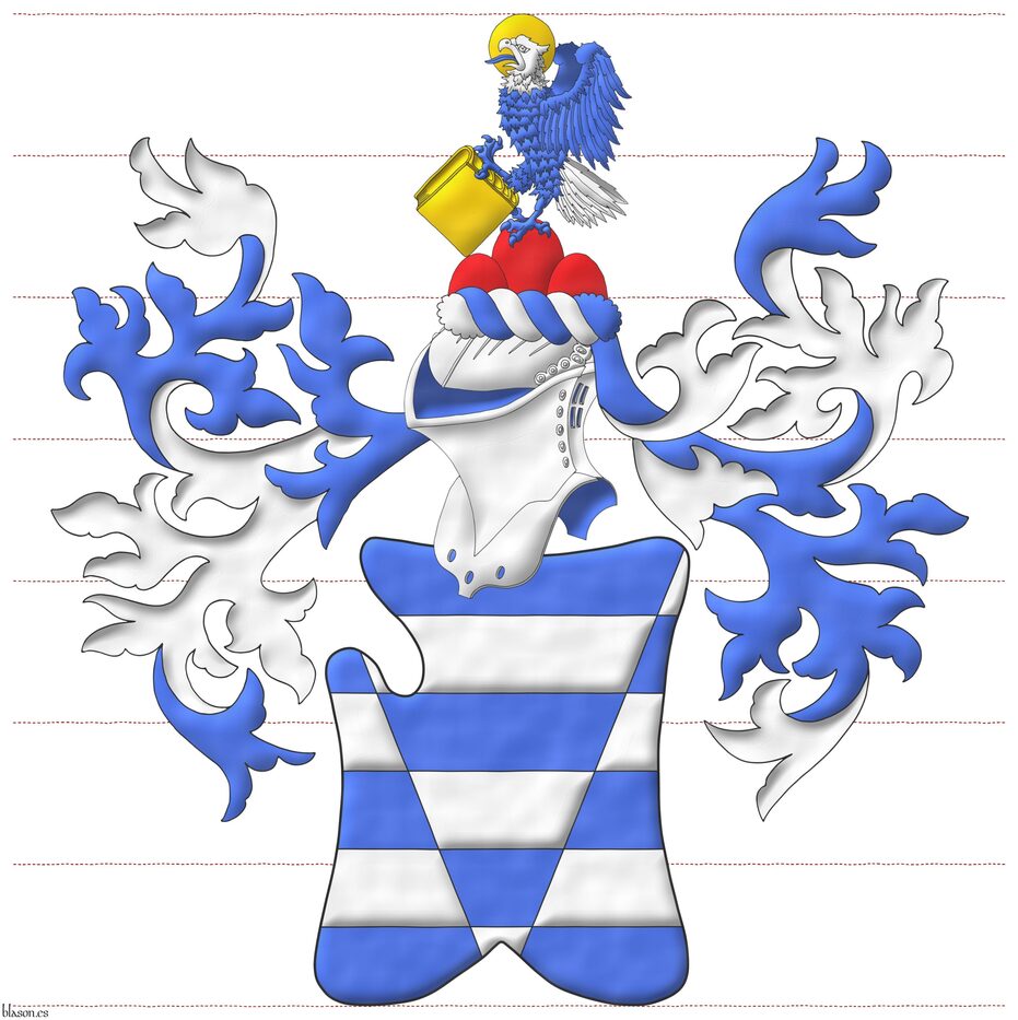 Barry of six, Argent and Azure, a pile throughout, counterchanged. Crest: Upon a helm with a wreath Argent and Azure, upon a trimount Gules, an eagle wings addorsed and inverted Azure, the head and tail Argent, nimbed and grasping a closed book Or. Mantling: Azure doubled Argent.