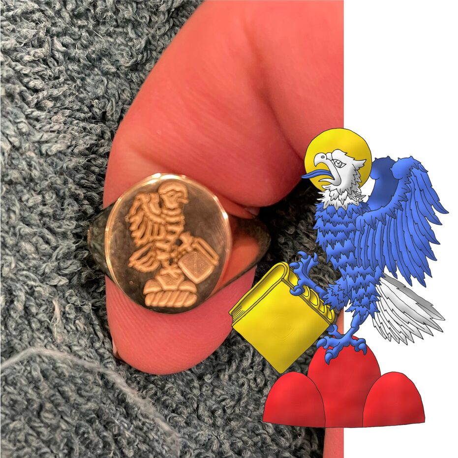 Upon a wreath Argent and Azure, upon a trimount Gules, an eagle wings addorsed and inverted Azure, the head and tail Argent, nimbed Or, grasping a closed book also Or.