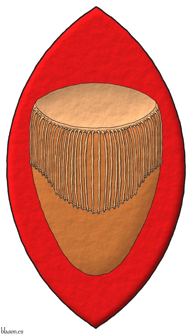 Escudo de gules, un tambor real de Bunyoro-Kitara al natural.