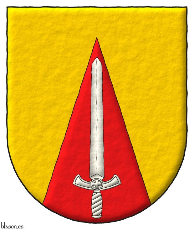 Escudo de oro, una pira de gules cargada de una espada alzada de plata.