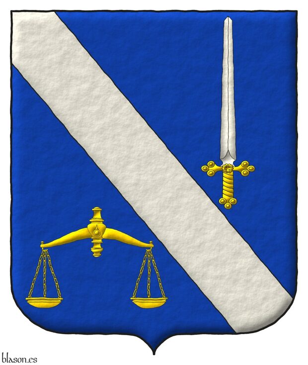 Escudo de azur, una banda de plata, acompa�ada en jefe de una espada alzada de plata, guarnecida de oro, y en punta de una balanza de oro.