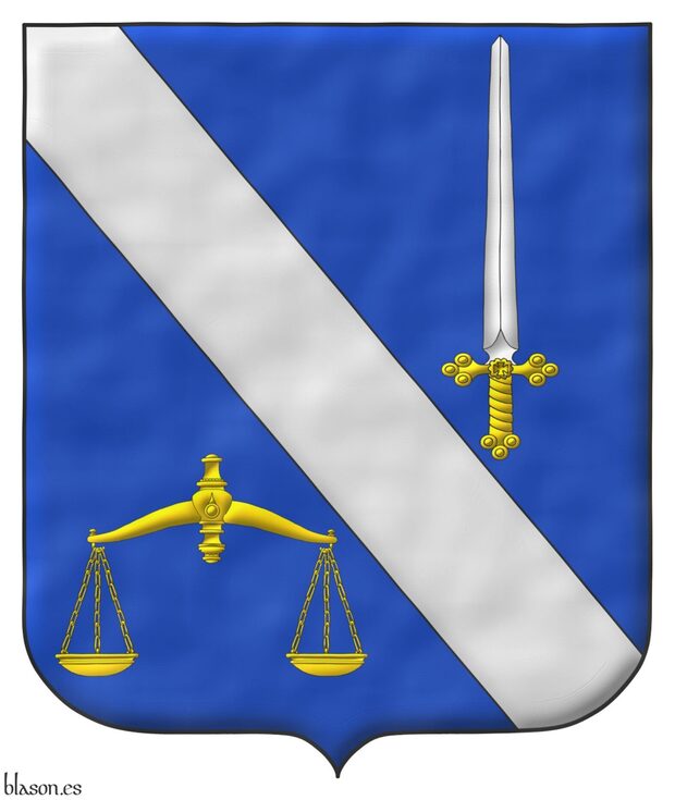 Azure, a bend Argent between, in chief a sword point upwards Argent, hilted Or, in base a pair of scales Or.