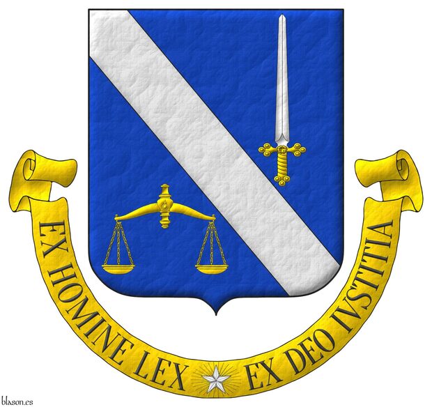 Azure, a bend Argent between, in chief a sword point upwards Argent, hilted Or, in base a pair of scales Or. Motto: �Ex Homine Lex, Ex Deo Iustitia� Sable, over a scroll Or charged at its center with a mullet of five points Argent, irradiated of thirty rays Or.