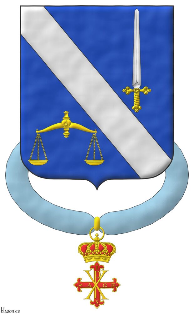 Escudo de azur, una banda de plata, acompa�ada en jefe de una espada alzada de plata, guarnecida de oro, y en punta de una balanza de oro. Pendiente de la punta del escudo la cruz de caballero de m�tiro de la Orden Constantiniana.