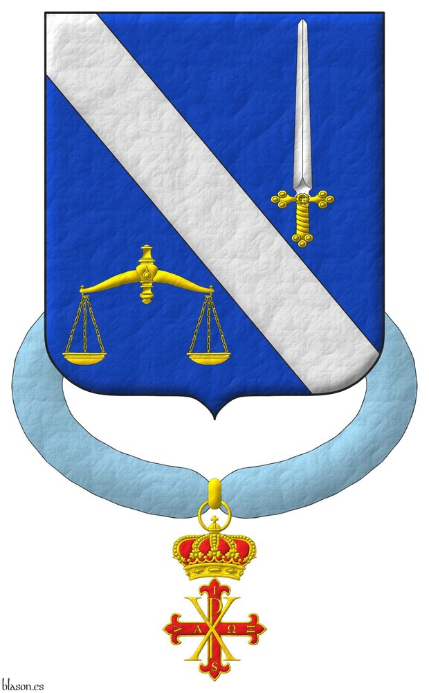 Azure, a bend Argent between, in chief a sword point upwards Argent, hilted Or, in base a pair of scales Or. Suspended from the shield the cross of Knight of Merit of the Constantinian Order.
