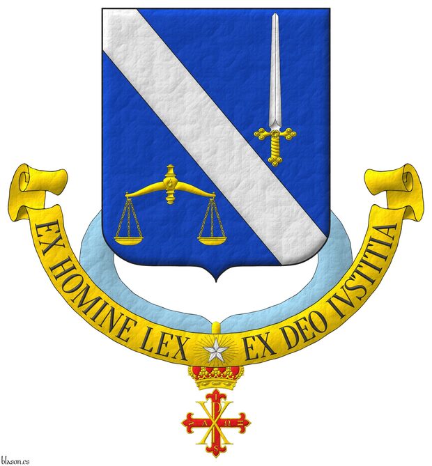 Azure, a bend Argent between, in chief a sword point upwards Argent, hilted Or, in base a pair of scales Or. Motto: �Ex Homine Lex, Ex Deo Iustitia� Sable, over a scroll Or charged at its center with a mullet of five points Argent, irradiated of thirty rays Or. Suspended from the shield the cross of Knight of Merit of the Constantinian Order.