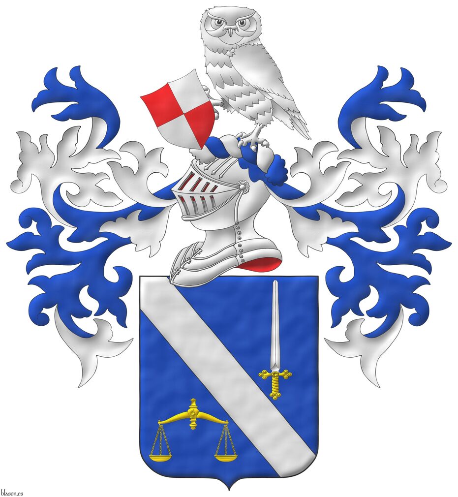 Escudo de azur, una banda de plata, acompa�ada en jefe de una espada alzada de plata, guarnecida de oro, y en punta de una balanza de oro. Timbrado de un yelmo, adornado de dos lambrequines de azur doblados de plata, un burelete de plata y azur, cimado de un b�ho de plata, teniendo en su diestra un escudete puesto en banda cuartelado de gules y plata.