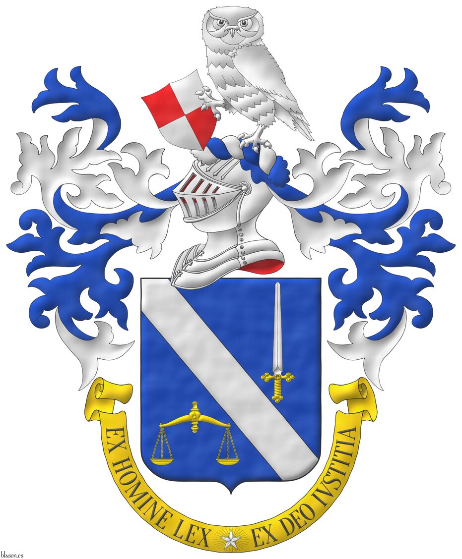Escudo de azur, una banda de plata, acompa�ada en jefe de una espada alzada de plata, guarnecida de oro, y en punta de una balanza de oro. Timbrado de un yelmo, adornado de dos lambrequines de azur doblados de plata, un burelete de plata y azur, cimado de un b�ho de plata, teniendo en su diestra un escudete puesto en banda cuartelado de gules y plata. Lema: �Ex Homine Lex, Ex Deo Iustitia� de sable, sobre una filacteria de oro cargada en su centro de una estrella de cinco puntas de plata, radiante de treinta rayos de oro.