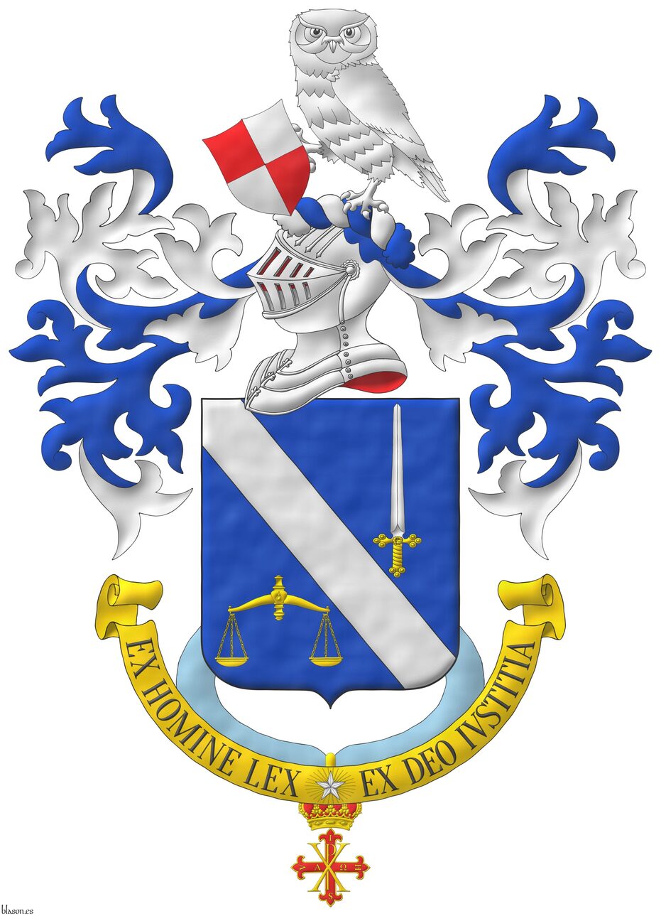 Escudo de azur, una banda de plata, acompa�ada en jefe de una espada alzada de plata, guarnecida de oro, y en punta de una balanza de oro. Timbrado de un yelmo, adornado de dos lambrequines de azur doblados de plata, un burelete de plata y azur, cimado de un b�ho de plata, teniendo en su diestra un escudete puesto en banda cuartelado de gules y plata. Lema: �Ex Homine Lex, Ex Deo Iustitia� de sable, sobre una filacteria de oro cargada en su centro de una estrella de cinco puntas de plata, radiante de treinta rayos de oro. Pendiente de la punta del escudo la cruz de caballero de m�tiro de la Orden Constantiniana.
