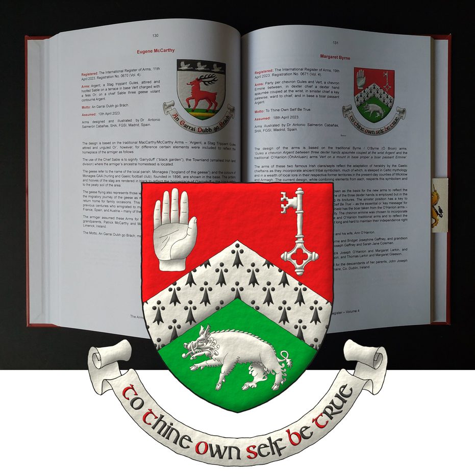 Escudo mantelado en punta de gules y sinople, brochante sobre el todo un cabrio de armio acompaado, en la diestra del jefe, de una mano diestra apalmada y cortada por la mueca, en la siniestra del jefe, de una llave puesta en palo, con el dentado hacia la diestra del jefe, y en la punta, de un jabal pasante de todo de plata. Lema: To Thine Own Self Be True de sable, con letras iniciales de gules, sobre una filacteria de plata.