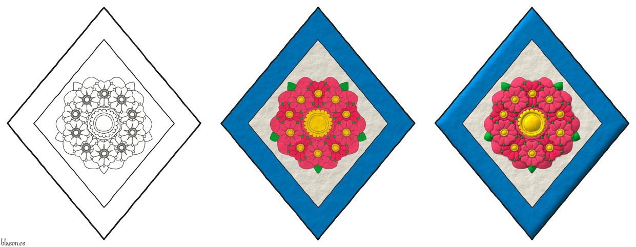 Escudo de plata, una multi-rosa, que es una rosa cargada de diez rosas unidas en orla todas de rosa, barbadas de sinople, botonadas de oro; una bordura de azur.