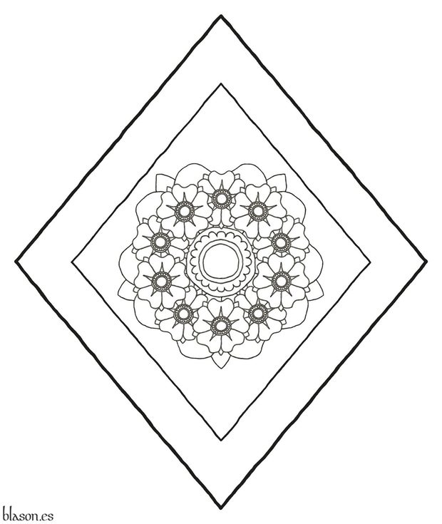 Escudo de plata, una multi-rosa, que es una rosa cargada de diez rosas unidas en orla todas de rosa, barbadas de sinople, botonadas de oro; una bordura de azur.