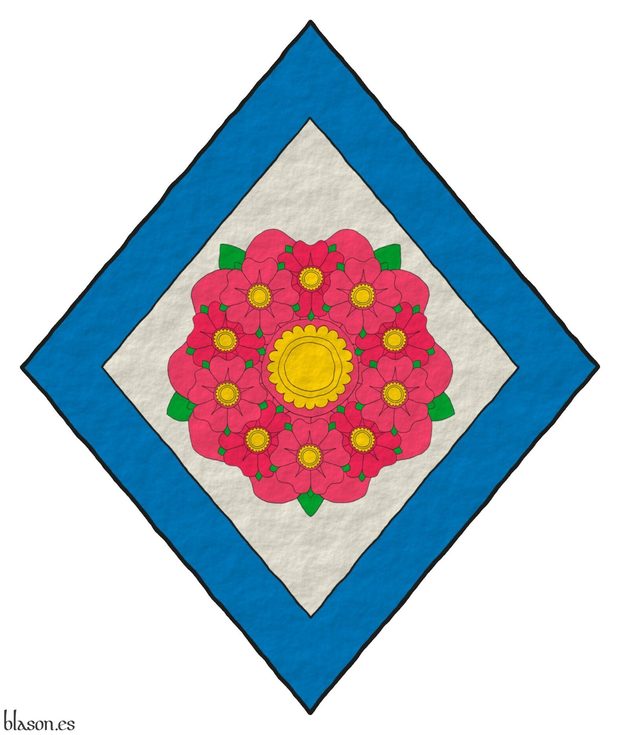 Escudo de plata, una multi-rosa, que es una rosa cargada de diez rosas unidas en orla todas de rosa, barbadas de sinople, botonadas de oro; una bordura de azur.