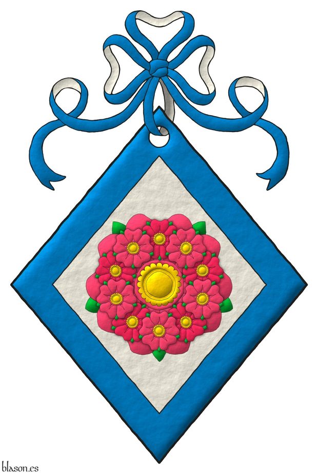 Escudo de plata, una multi-rosa, que es una rosa cargada de diez rosas unidas en orla todas de rosa, barbadas de sinople, botonadas de oro; una bordura de azur. Timbrado de un lazo de azur doblado de plata.