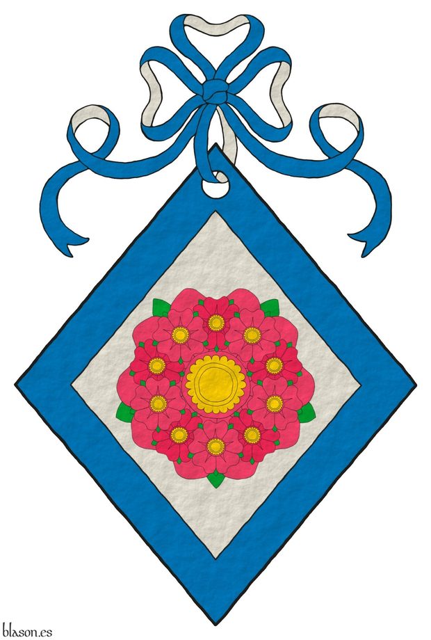 Argent, a multi-rose, which is a rose charged with ten roses conjoined in orle Rose, barbed Vert, seeded Or; a bordure Azure. Crest: A ribbon Azure doubled Argent.