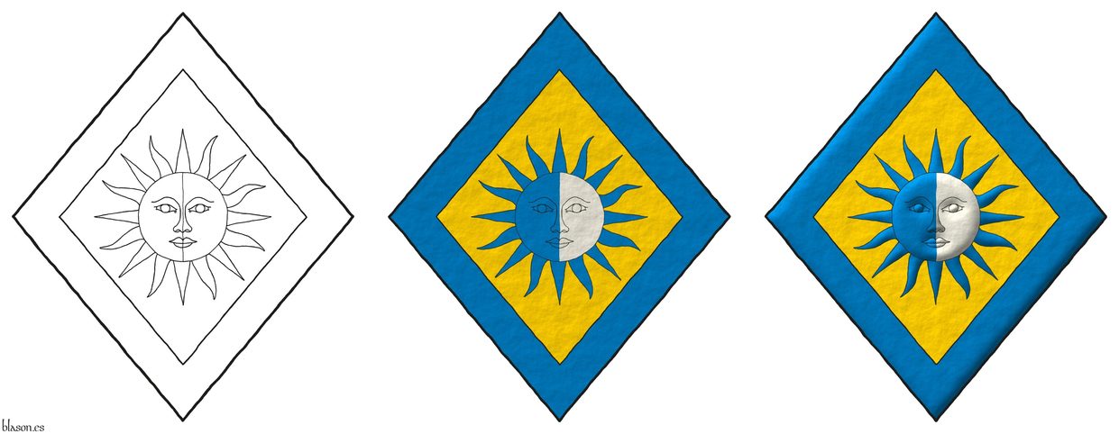 Escudo de oro, un sol partido de azur y plata, sus rayos de azur; una bordura de azur.