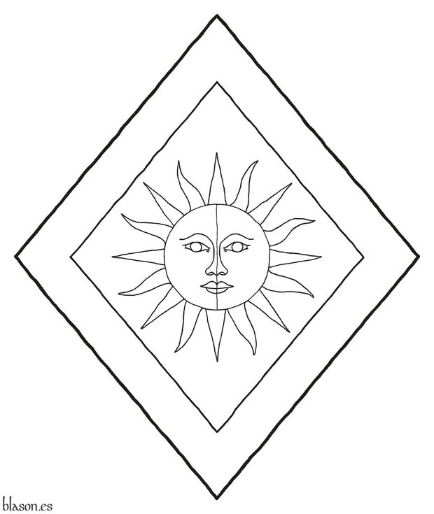 Escudo de oro, un sol partido de azur y plata, sus rayos de azur; una bordura de azur.