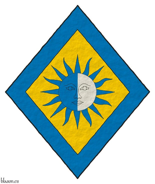 Escudo de oro, un sol partido de azur y plata, sus rayos de azur; una bordura de azur.