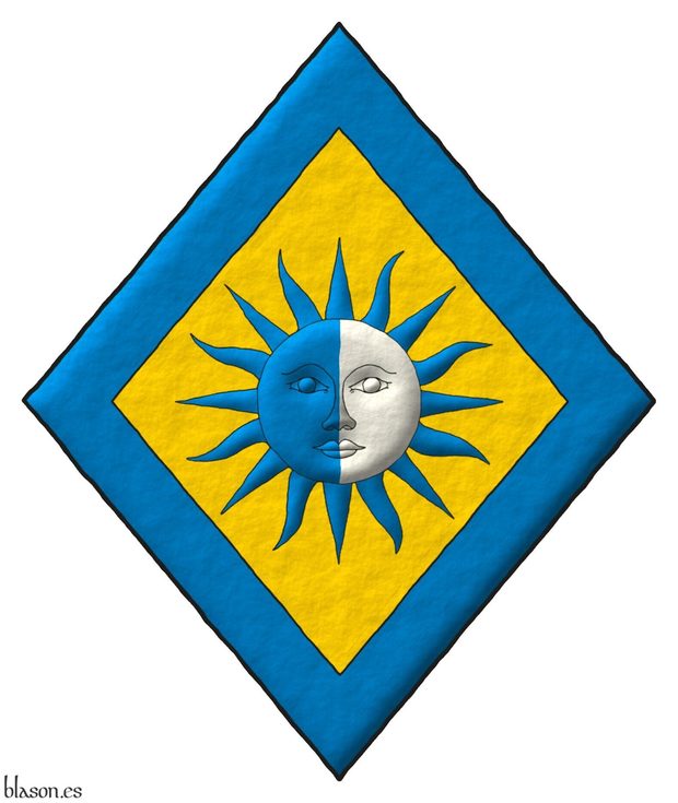 Escudo de oro, un sol partido de azur y plata, sus rayos de azur; una bordura de azur.